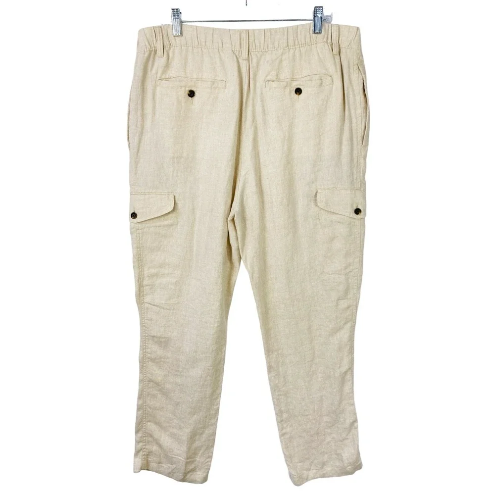 Caribbean Men's Linen‎ Cargo Pants Size 36x30 Tan Elastic Waist Neutral Coastal